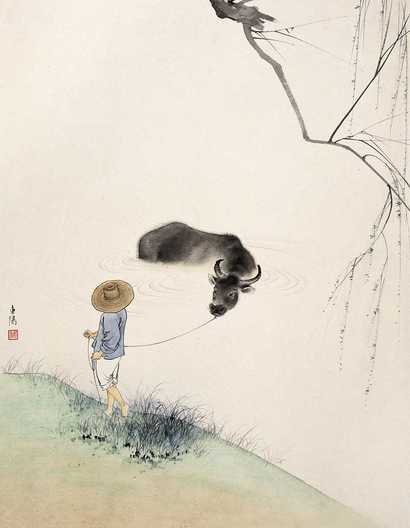 陈东阳 浴牛图 立轴
